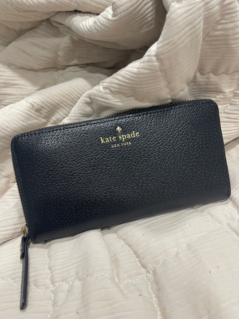 kate spade Black Pebbled Leather Zip Wallet with Gold Logo